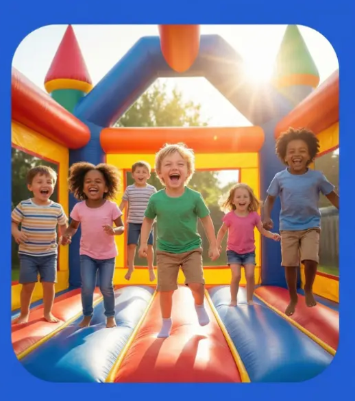 Kids smiling in a bounce house